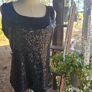 Anne Klein Black Sequin Tank Top Sleeveless Scoop Neck Party Evening Blouse L